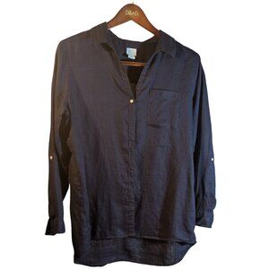 Sigrid Olsen 100% Linen 3/4 Sleeve Button-up Navy Blouse Women's Large